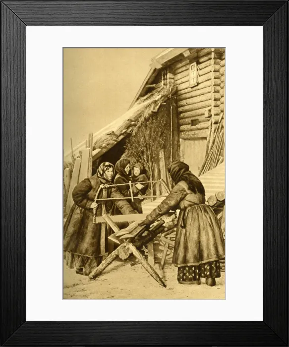 Framed Print : Peasant women sawing wood, Republic of Estonia Framed Print : Peasant women sawing wood, Republic of Estonia