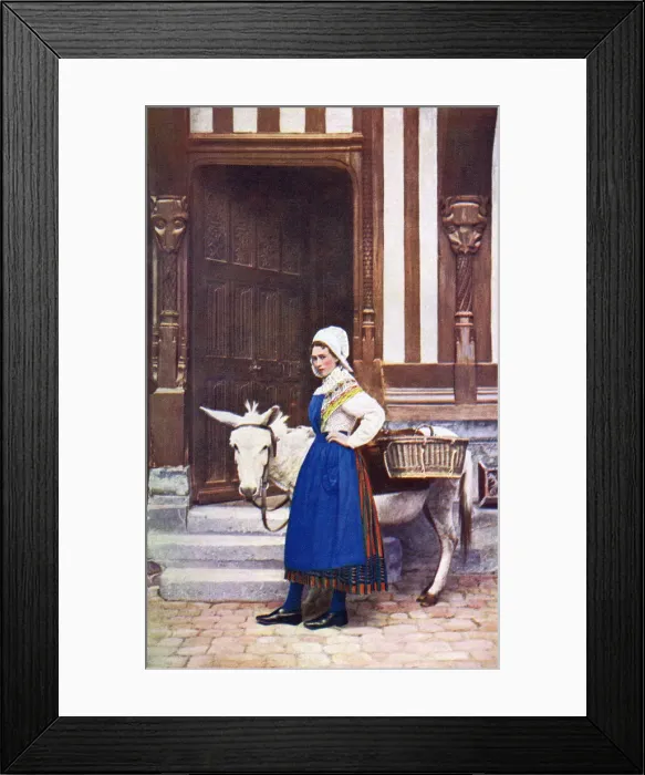 Framed Print : Woman with donkey, Normandy, Northern France Framed Print : Woman with donkey, Normandy, Northern France