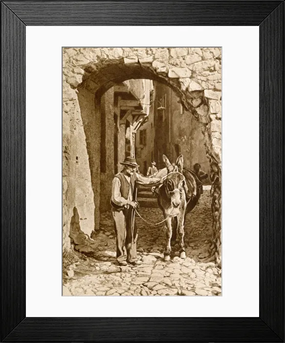 Framed Print : Man and donkey in Puget-Theniers, Alpes-Maritimes, France