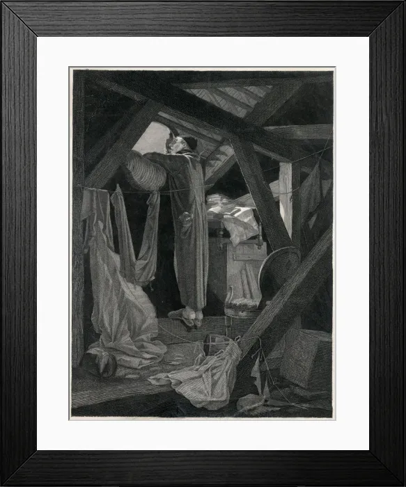 Framed Print : Astronomer looking at the sky from an attic room Framed Print : Astronomer looking at the sky from an attic room