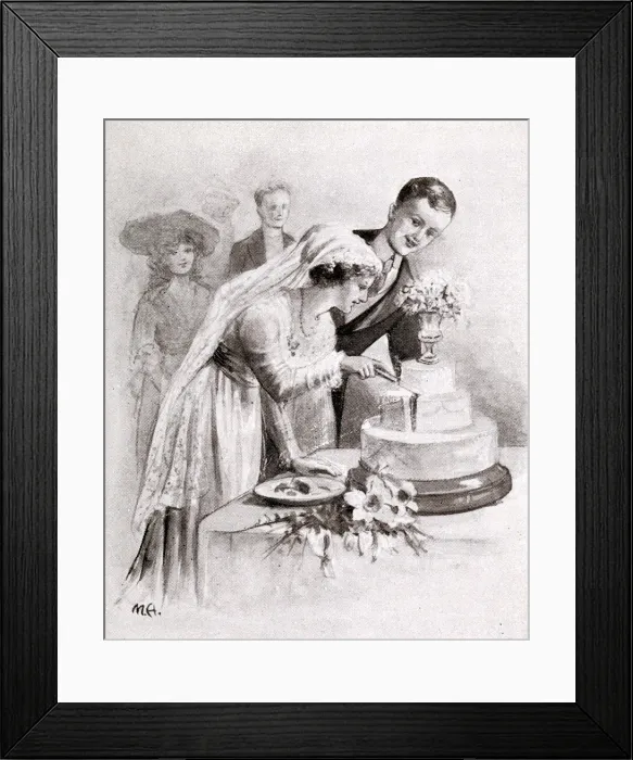 Framed Print : Illustration - The bride cuts the cake Framed Print : Illustration - The bride cuts the cake