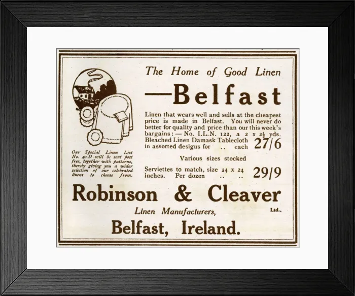Framed Print : Robinson and Cleaver advertisement, linen manufacturers Framed Print : Robinson and Cleaver advertisement, linen manufacturers