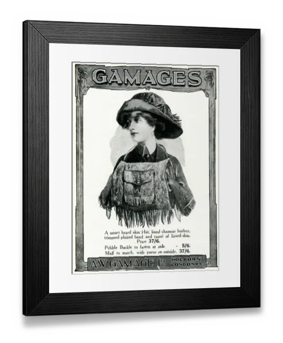 Framed Print : Advert for Gamages lizard skin accessories 1909 Framed Print : Advert for Gamages lizard skin accessories 1909