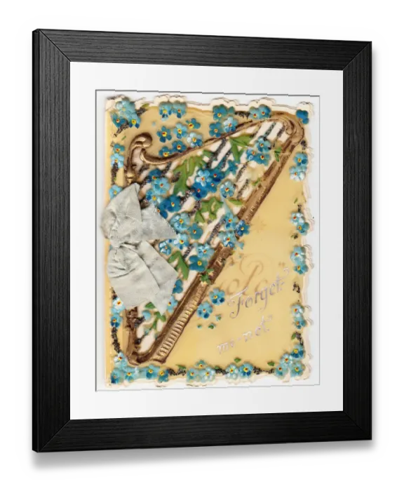 Framed Print : Forgetmenots and harp on a greetings card Framed Print : Forgetmenots and harp on a greetings card