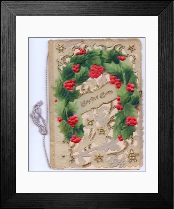Framed Print : Holly and gold stars on an ornate Christmas card Framed Print : Holly and gold stars on an ornate Christmas card