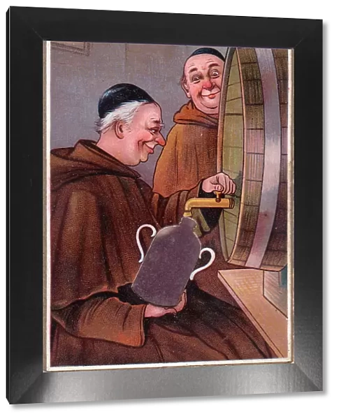 Two monks with barrel on a comic German greetings card