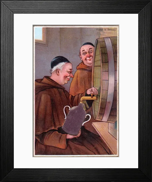 Framed Print : Two monks with barrel on a comic German greetings card Framed Print : Two monks with barrel on a comic German greetings card
