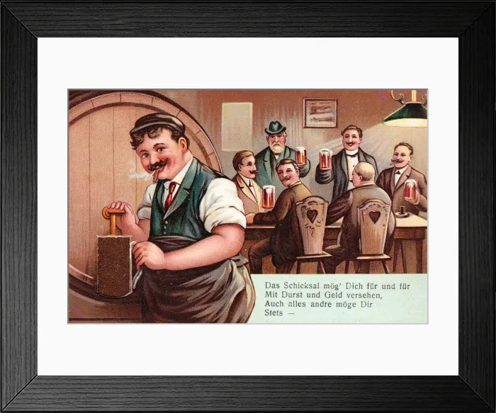 Framed Print : Pub scene with barrel on a comic German greetings card Framed Print : Pub scene with barrel on a comic German greetings card