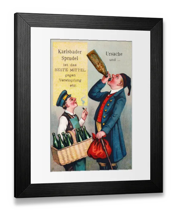 Framed Print : Two men with bottles on a comic German greetings card Framed Print : Two men with bottles on a comic German greetings card