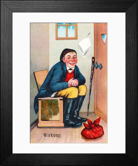 Framed Print : Toilet humour on a comic German greetings card Framed Print : Toilet humour on a comic German greetings card