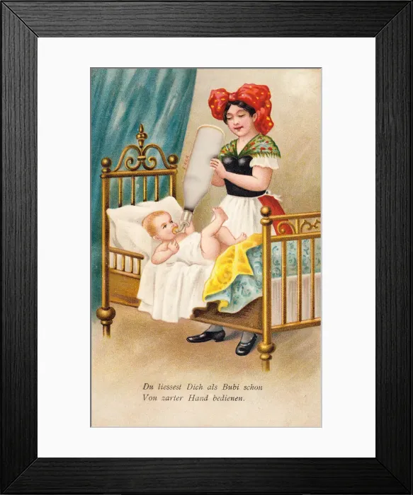 Framed Print : Woman feeding baby on a comic German greetings card Framed Print : Woman feeding baby on a comic German greetings card
