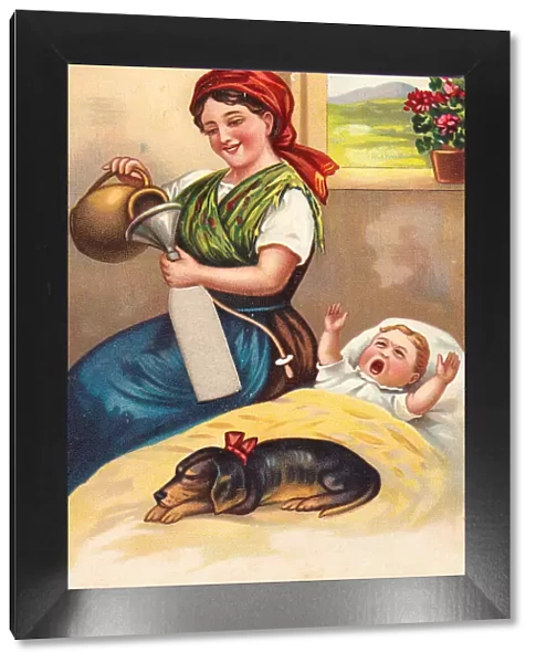 Woman and baby on a comic German greetings card