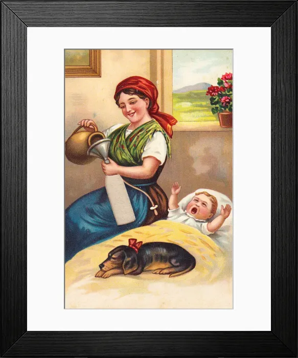 Framed Print : Woman and baby on a comic German greetings card Framed Print : Woman and baby on a comic German greetings card