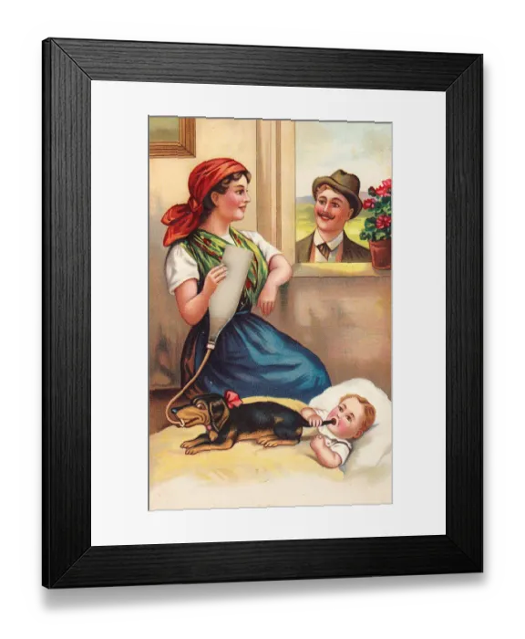 Framed Print : Woman and baby on a comic German greetings card Framed Print : Woman and baby on a comic German greetings card
