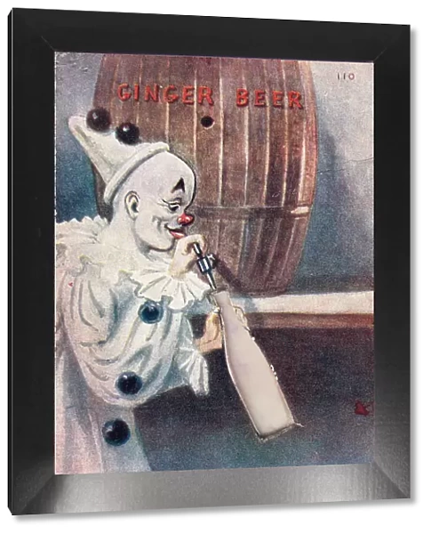 Clown with barrel on a comic greetings card