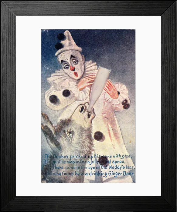 Framed Print : Clown with donkey and bottle on a comic greetings card Framed Print : Clown with donkey and bottle on a comic greetings card
