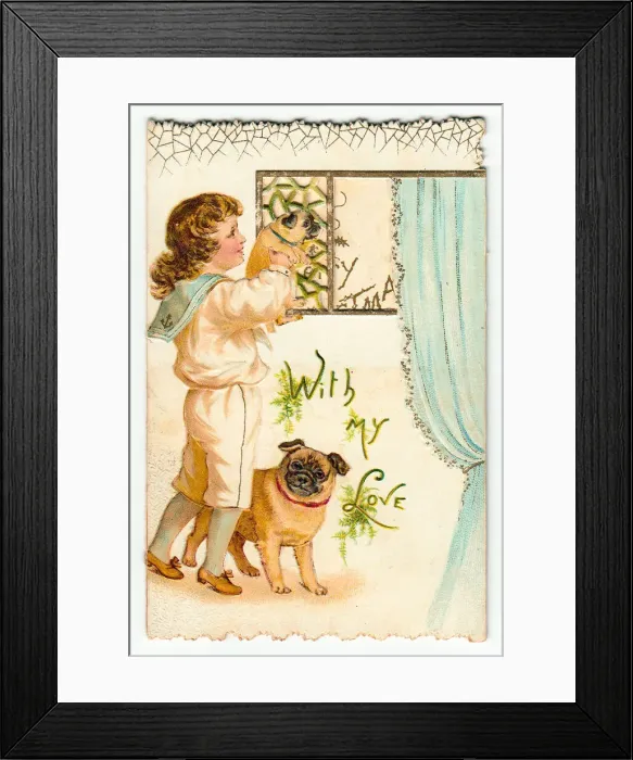 Framed Print : Boy in sailor suit with dogs on a Christmas card Framed Print : Boy in sailor suit with dogs on a Christmas card