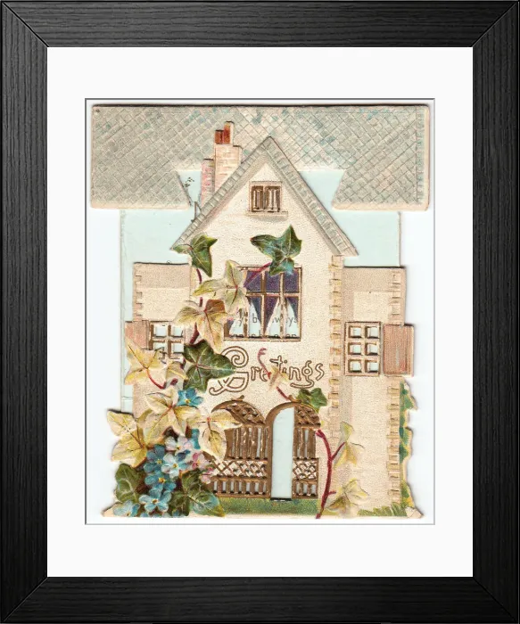 Framed Print : House with leaves and flowers on a greetings card Framed Print : House with leaves and flowers on a greetings card