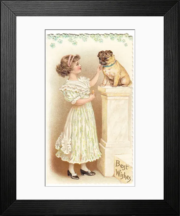 Framed Print : Girl with pug dog on a greetings card Framed Print : Girl with pug dog on a greetings card