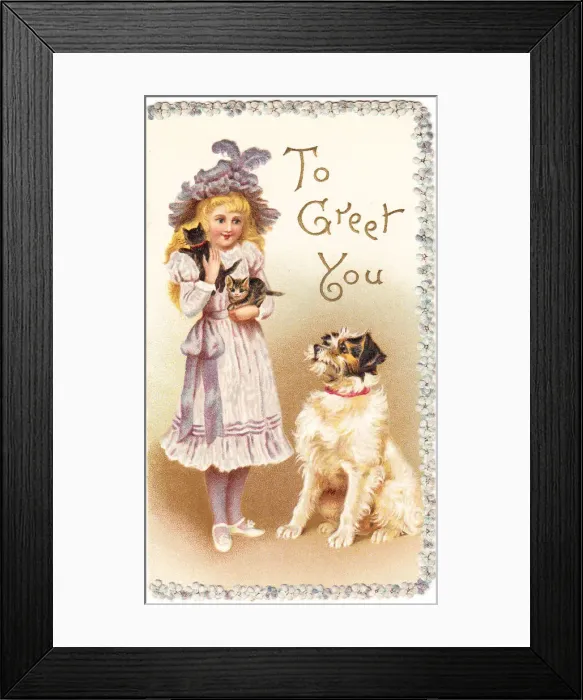 Framed Print : Girl with dog and kittens on a greetings card Framed Print : Girl with dog and kittens on a greetings card