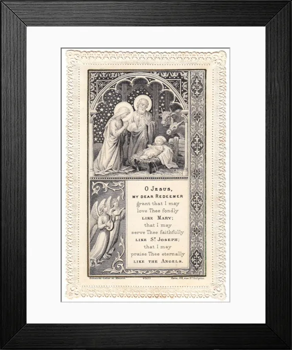Framed Print : Nativity scene with prayer on a French Christmas card Framed Print : Nativity scene with prayer on a French Christmas card