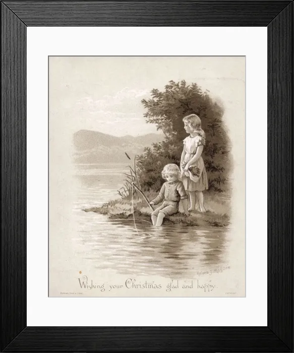 Framed Print : Boy and girl fishing on a sepia Christmas card Framed Print : Boy and girl fishing on a sepia Christmas card