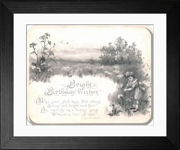 Framed Print : Girl in a field of flowers on a sepia birthday card Framed Print : Girl in a field of flowers on a sepia birthday card