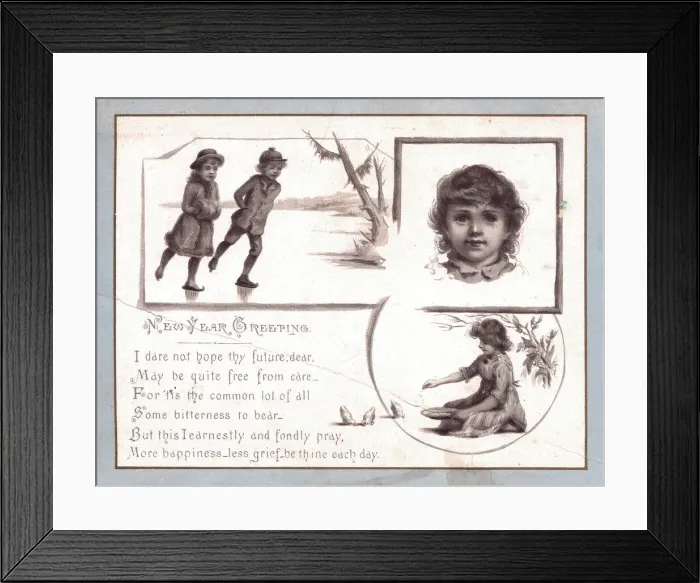 Framed Print : Children skating and feeding birds on a sepia New Year card Framed Print : Children skating and feeding birds on a sepia New Year card