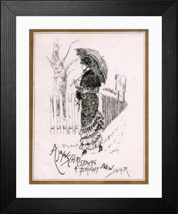 Framed Print : Edwardian lady on a sepia Christmas and New Year card Framed Print : Edwardian lady on a sepia Christmas and New Year card