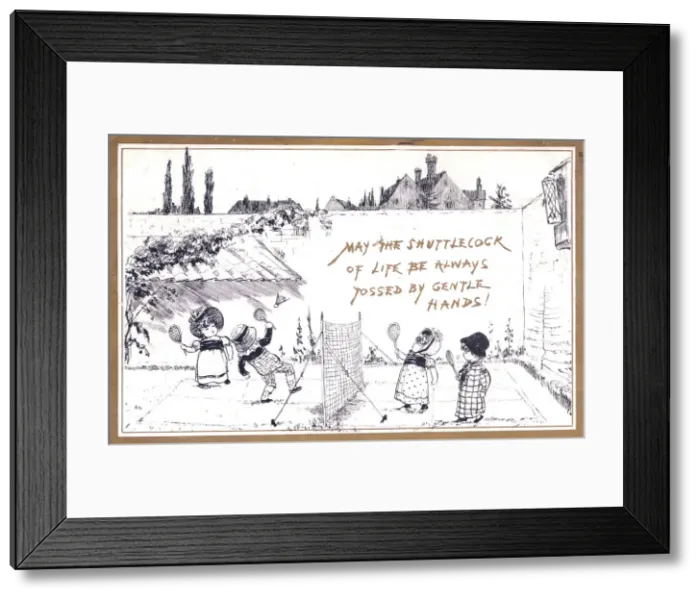 Framed Print : Children playing badminton on a greetings card Framed Print : Children playing badminton on a greetings card