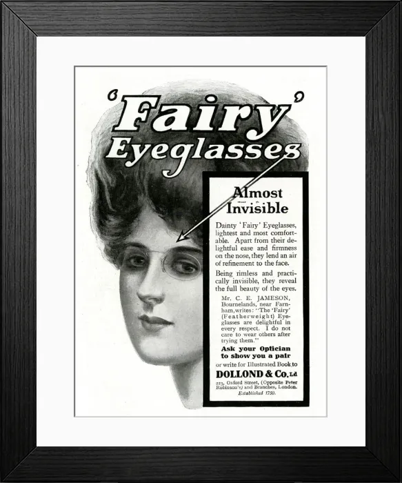 Framed Print : Advert for Dolland & Co rimless spectacles 1908 Framed Print : Advert for Dolland & Co rimless spectacles 1908