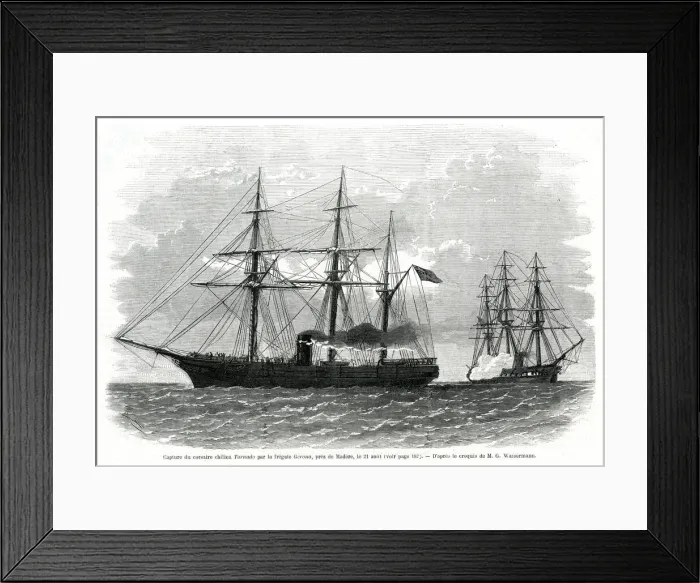 Framed Print : Capture of the Chilean Ship Tornado by the Frigate Gerona Framed Print : Capture of the Chilean Ship Tornado by the Frigate Gerona