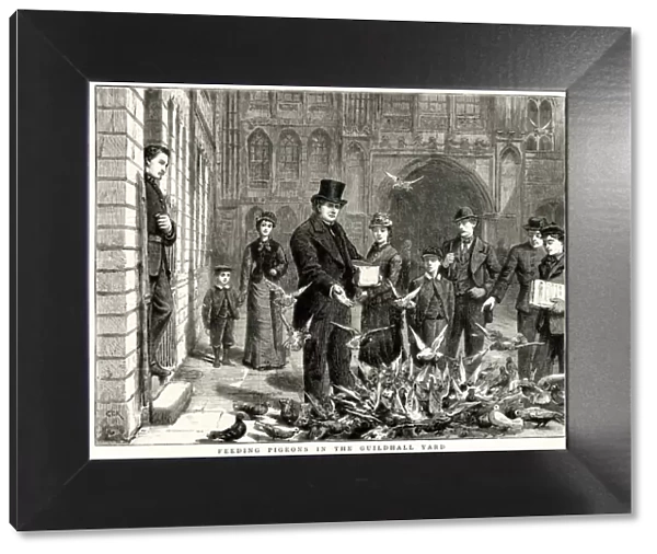 Feeding pigeons in the Guildhall Yard, City of London 1877