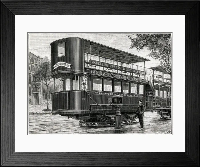 Framed Print : Electric tram being recharged on a Paris street 1897 Framed Print : Electric tram being recharged on a Paris street 1897