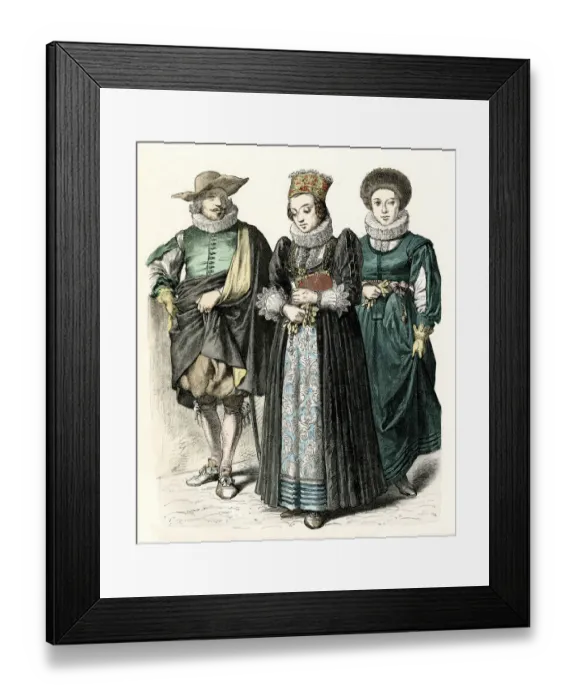 Framed Print : Two Swiss women and a man in costume Framed Print : Two Swiss women and a man in costume