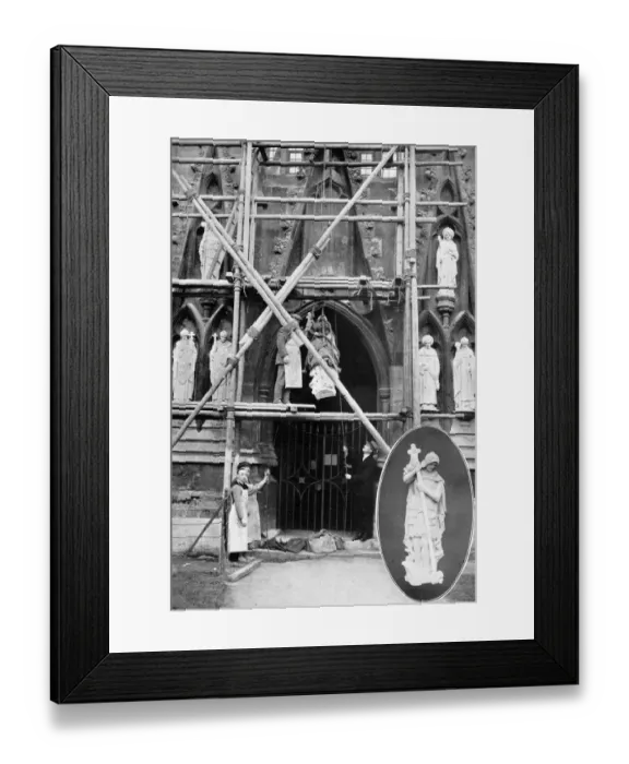 Framed Print : A gift to Exeter Cathedral - statues being hoisted into plac Framed Print : A gift to Exeter Cathedral - statues being hoisted into plac