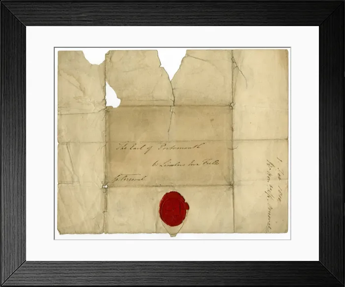 Framed Print : Handwritten address on a letter with red sealing wax Framed Print : Handwritten address on a letter with red sealing wax