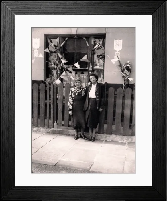 Framed Print : Esther Bruce & neighbour celebrating the Coronation Framed Print : Esther Bruce & neighbour celebrating the Coronation