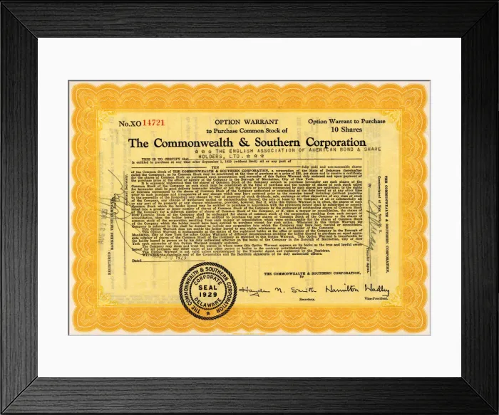 Framed Print : Option warrant, Commonwealth & Southern Corporation Framed Print : Option warrant, Commonwealth & Southern Corporation