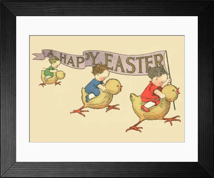 Framed Print : Children riding on little chicks at Easter Framed Print : Children riding on little chicks at Easter