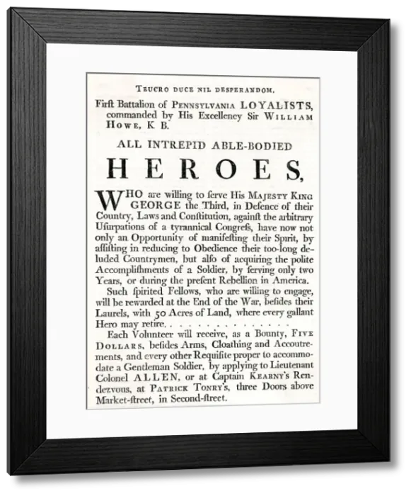 Framed Print : America - Text showing Sir William Howes Recruitment Poster Framed Print : America - Text showing Sir William Howes Recruitment Poster