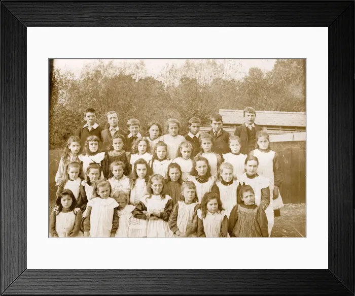 Framed Print : Group photo of children, the girls wearing smocks