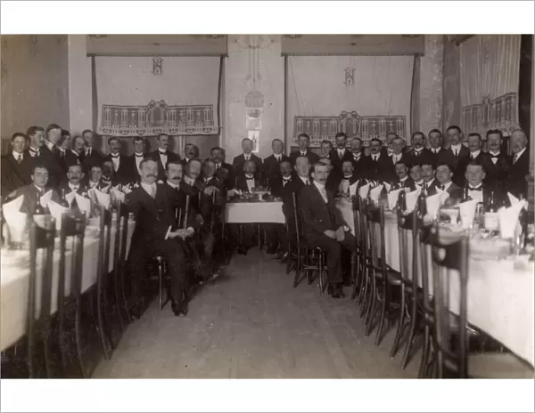 Group photo of men at a club dinner, Ferrol, Galicia, Spain