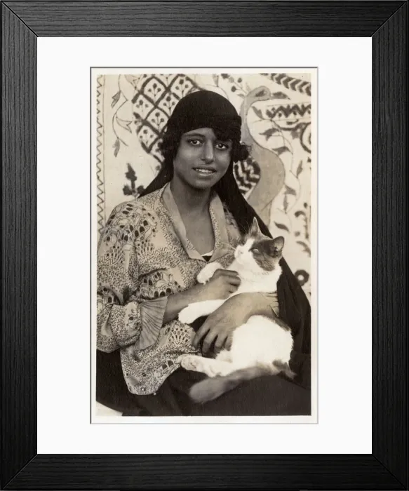 Framed Print : Egyptian woman with large cat Framed Print : Egyptian woman with large cat
