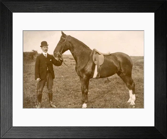 Framed Print : Well dressed man with saddled horse Framed Print : Well dressed man with saddled horse