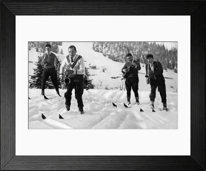 Framed Print : Jazz band on skis at Murren Framed Print : Jazz band on skis at Murren
