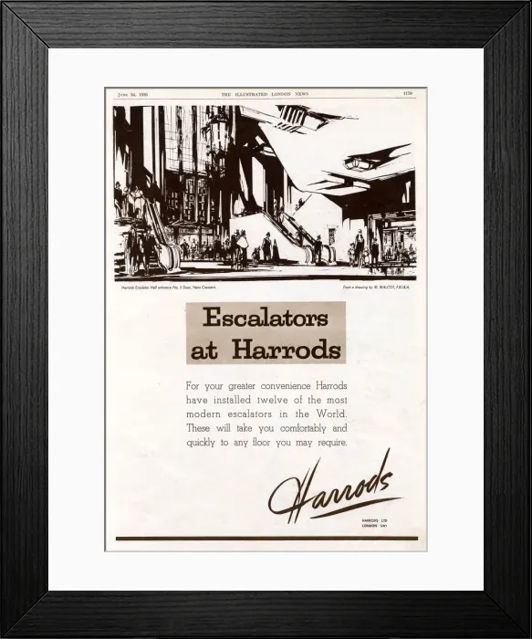 Framed Print : Harrods advertisement 1939 - new escalators installed Framed Print : Harrods advertisement 1939 - new escalators installed