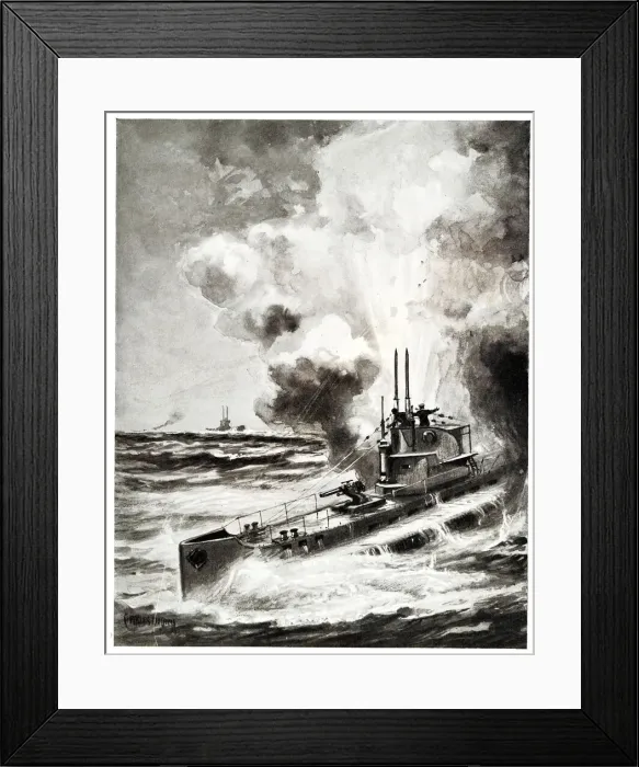 Framed Print : E-boat bringing a U-boat to bay, WW1 Framed Print : E-boat bringing a U-boat to bay, WW1