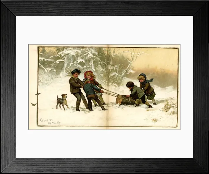 Framed Print : Christmas card, Carrying home the yule log Framed Print : Christmas card, Carrying home the yule log