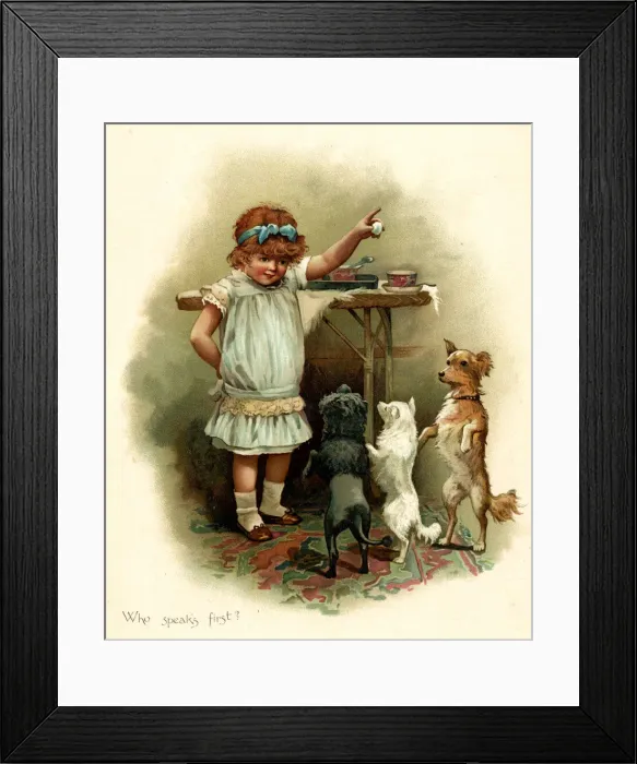 Framed Print : Illustration, Who Speaks First, girl making dogs beg Framed Print : Illustration, Who Speaks First, girl making dogs beg